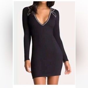 Bebe Long Sleeve Deep V Embellished Keyhole Dress